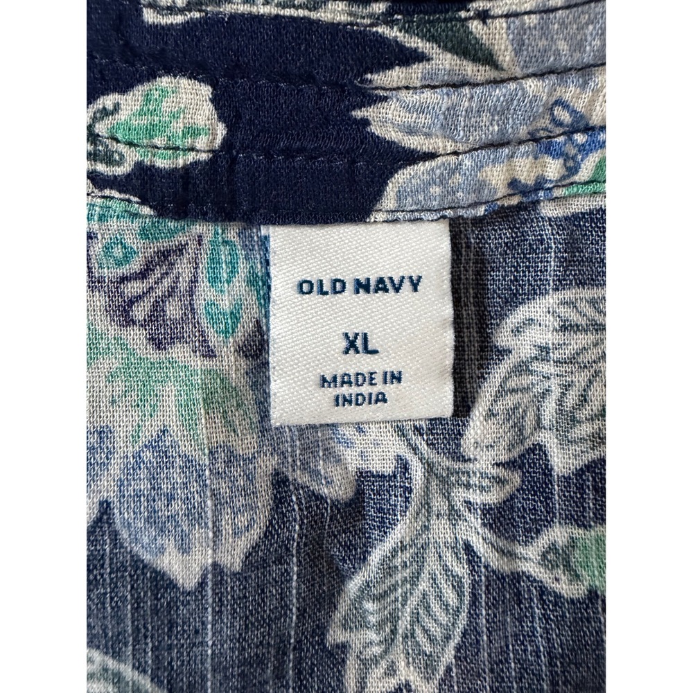 Old Navy Womens XL Navy Blue Floral Button Down Tunic Blouse Long Sleeve Cotton - Picture 2 of 6